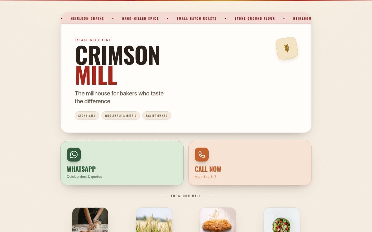 Artisan Mill Visiting Card — Warm Scroll Reveal