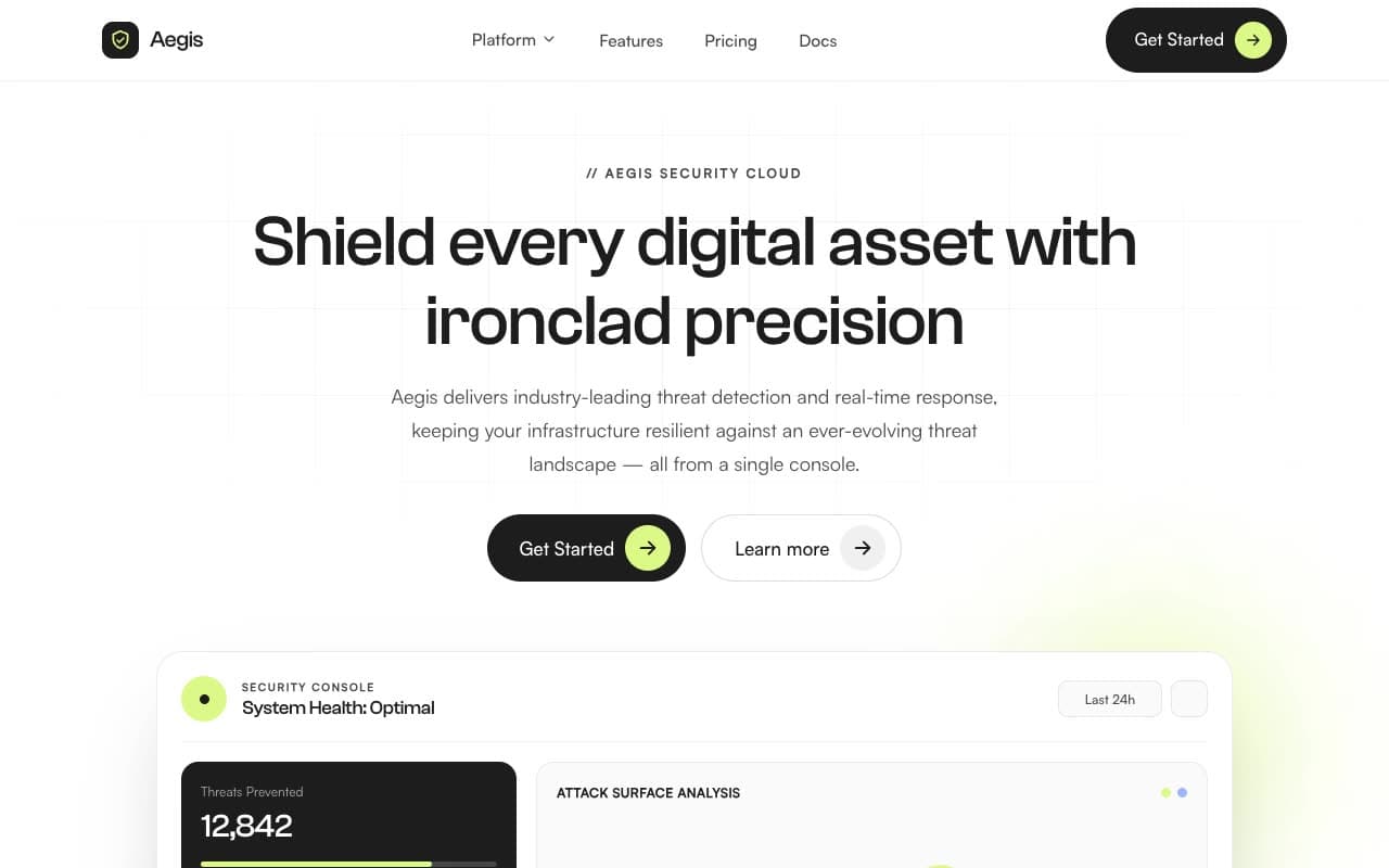 Precision Grid Cybersecurity Landing — Lime Accent