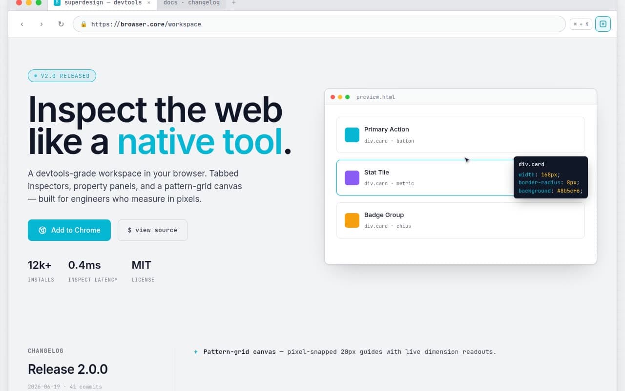 Devtools Workspace Landing — Technical Grid