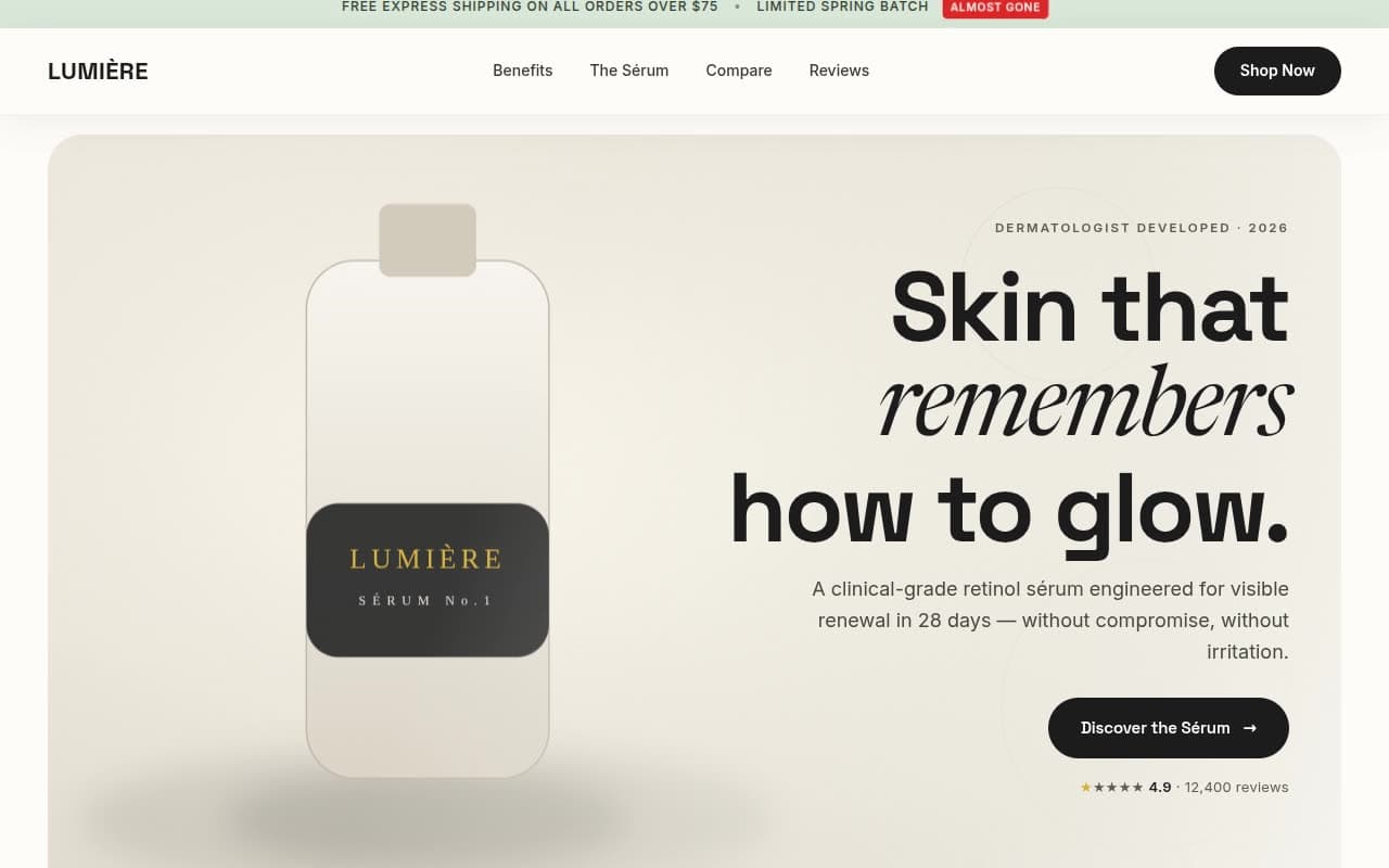 Clinical Luxury Skincare Landing — Editorial